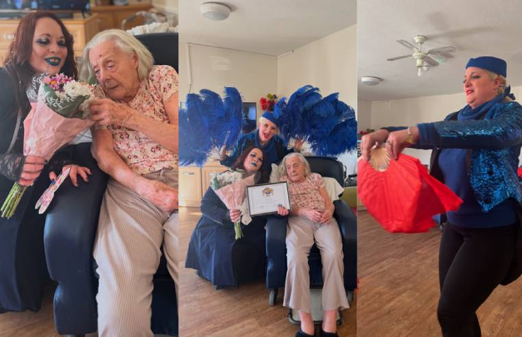 Ozara and Sapphira honour Hilda for her years as a burlesque dancer in Paris at Castleford Lodge Care Home recently